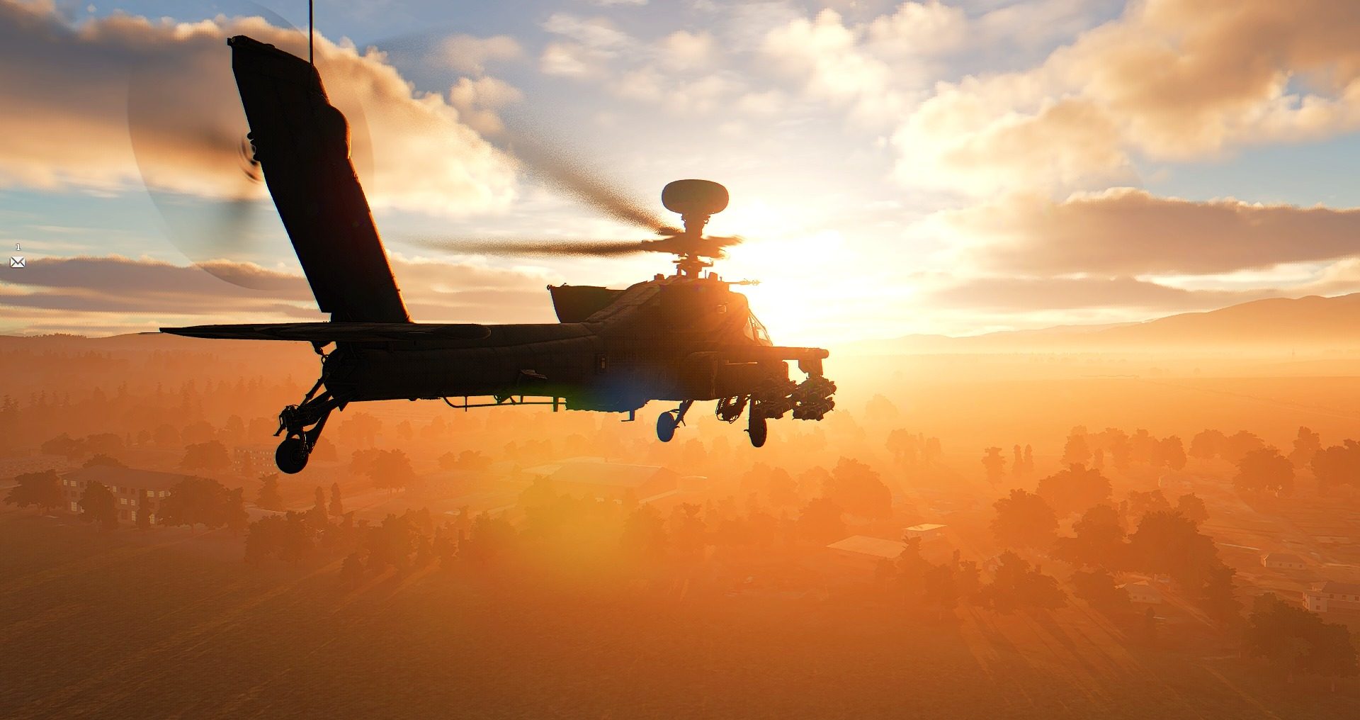An AH-64D Apache banking into the sun