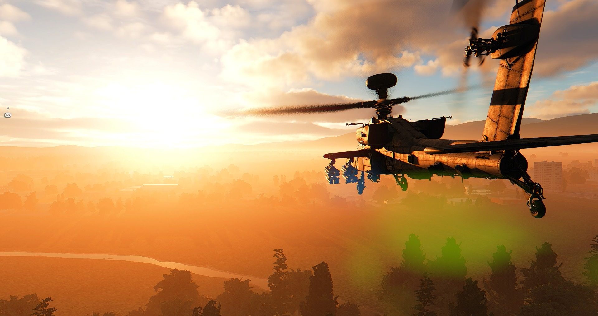 An AH-64D Apache firing flares at sunset