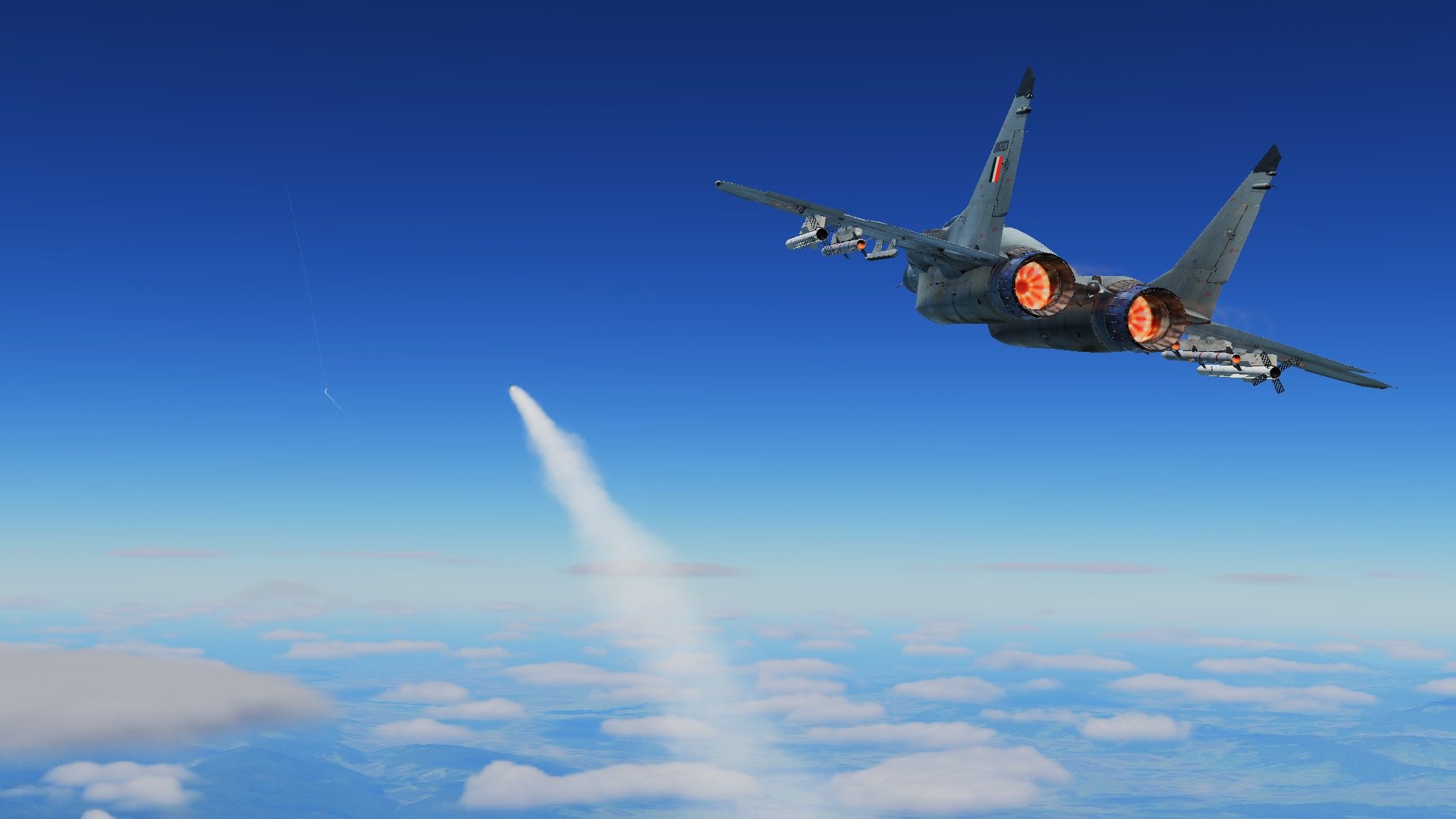 A MiG-29 firing a missile above the clouds