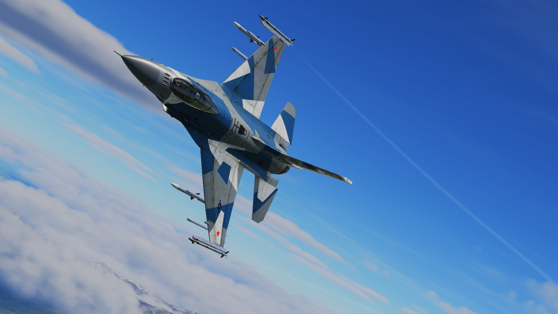 An F-16C in an aggressor scheme banking over the clouds