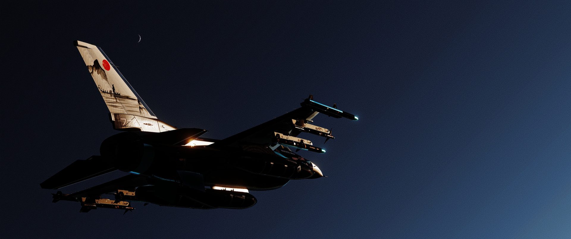 An F-16C at night with its tail lit